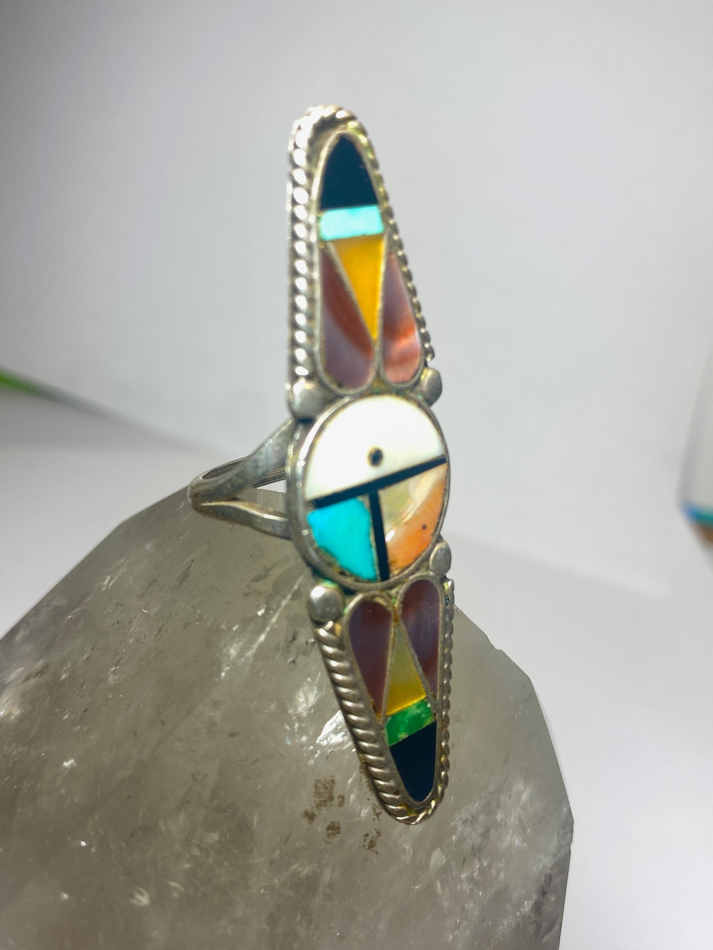 Sun face ring long turquoise onyx mother of pearl Zuni pinky sterling silver women