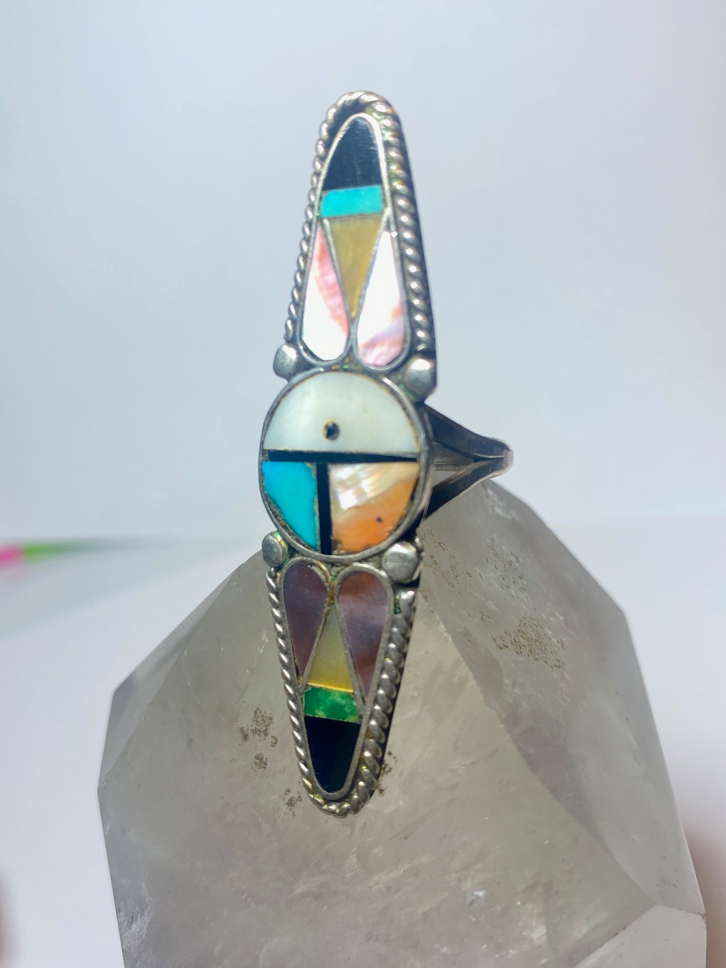 Sun face ring long turquoise onyx mother of pearl Zuni pinky sterling silver women