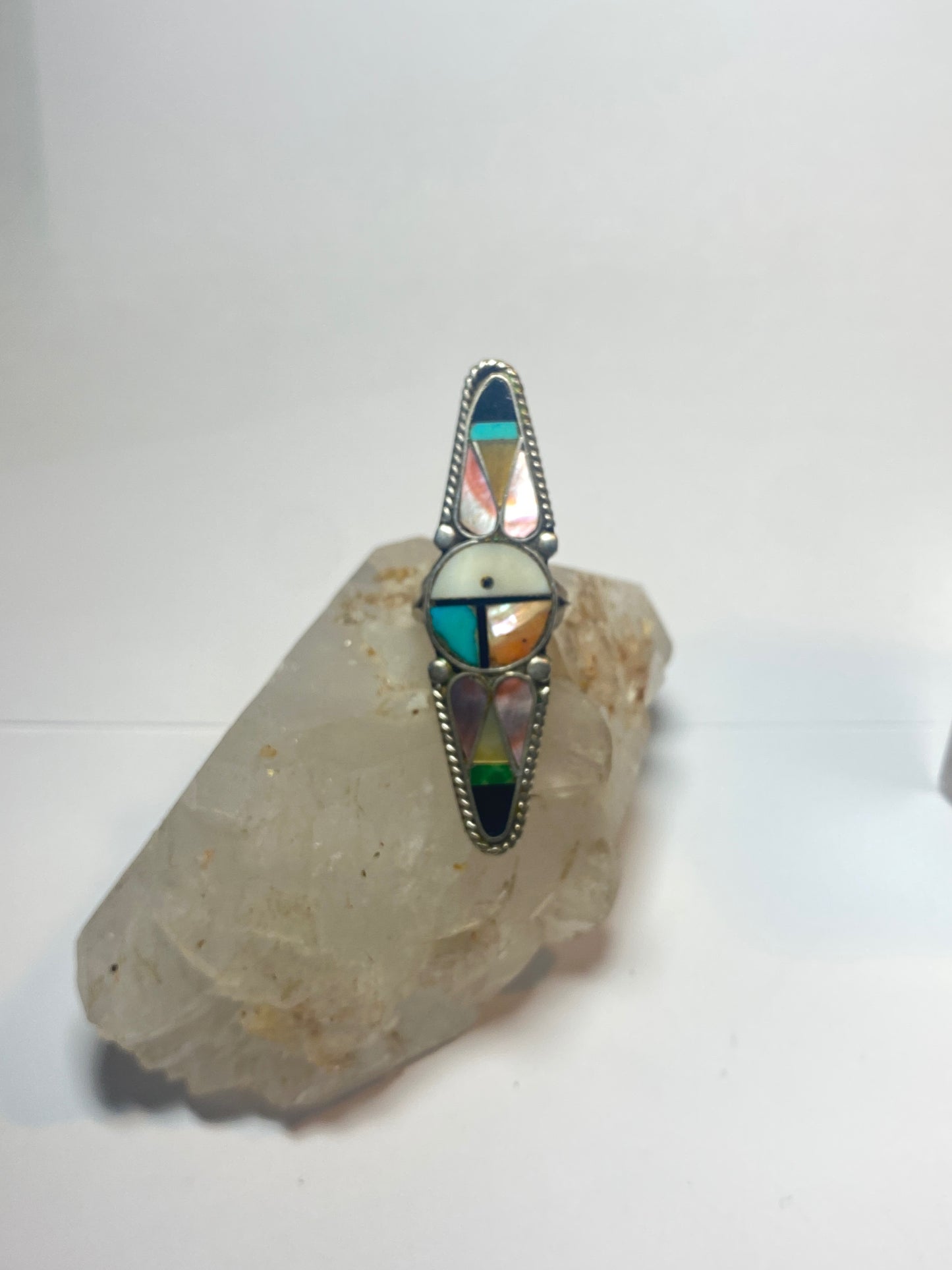 Sun face ring long turquoise onyx mother of pearl Zuni pinky sterling silver women