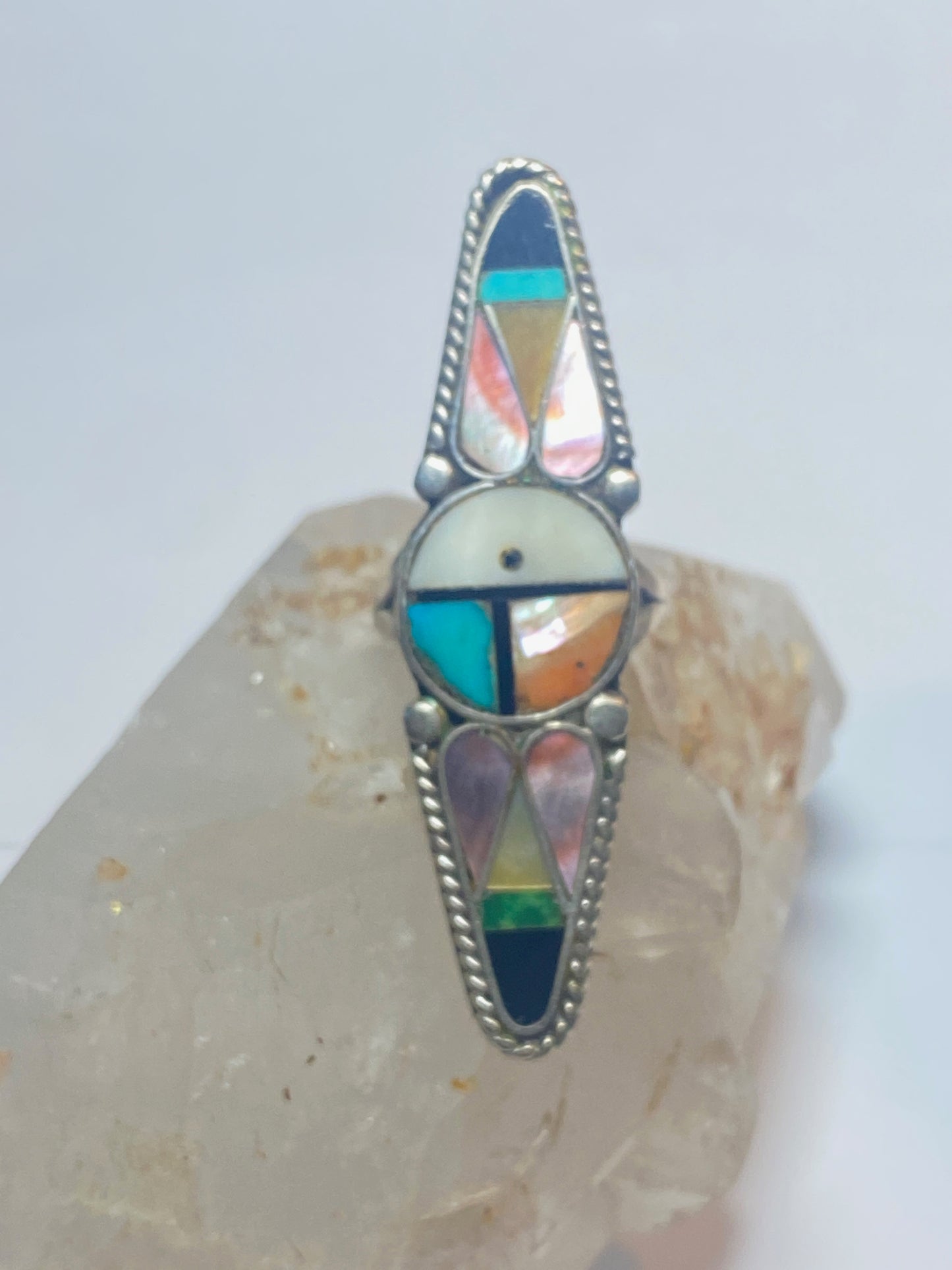 Sun face ring long turquoise onyx mother of pearl Zuni pinky sterling silver women