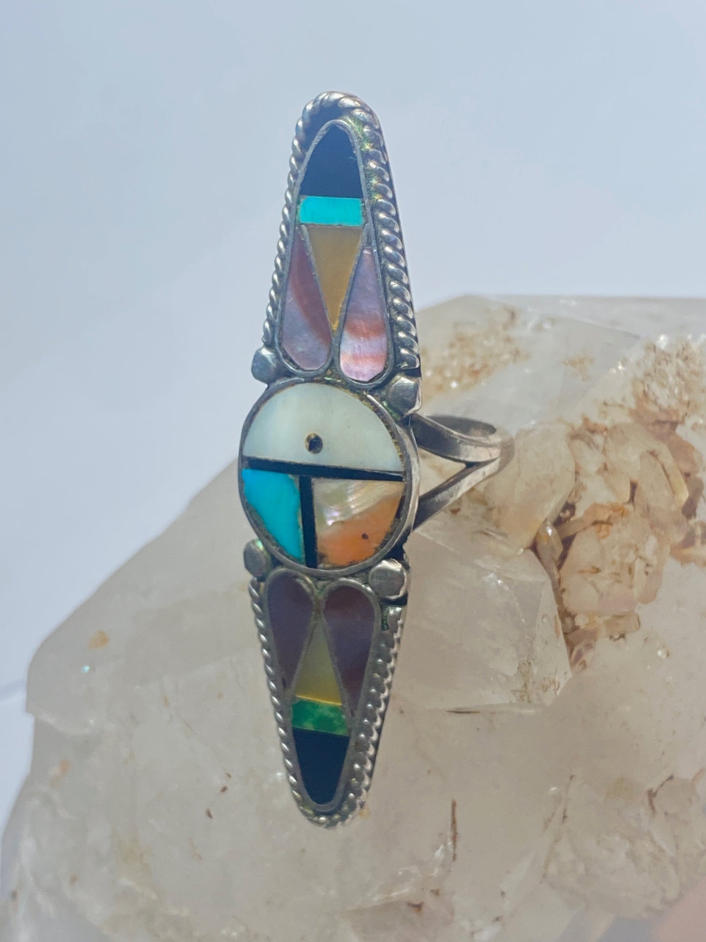 Sun face ring long turquoise onyx mother of pearl Zuni pinky sterling silver women