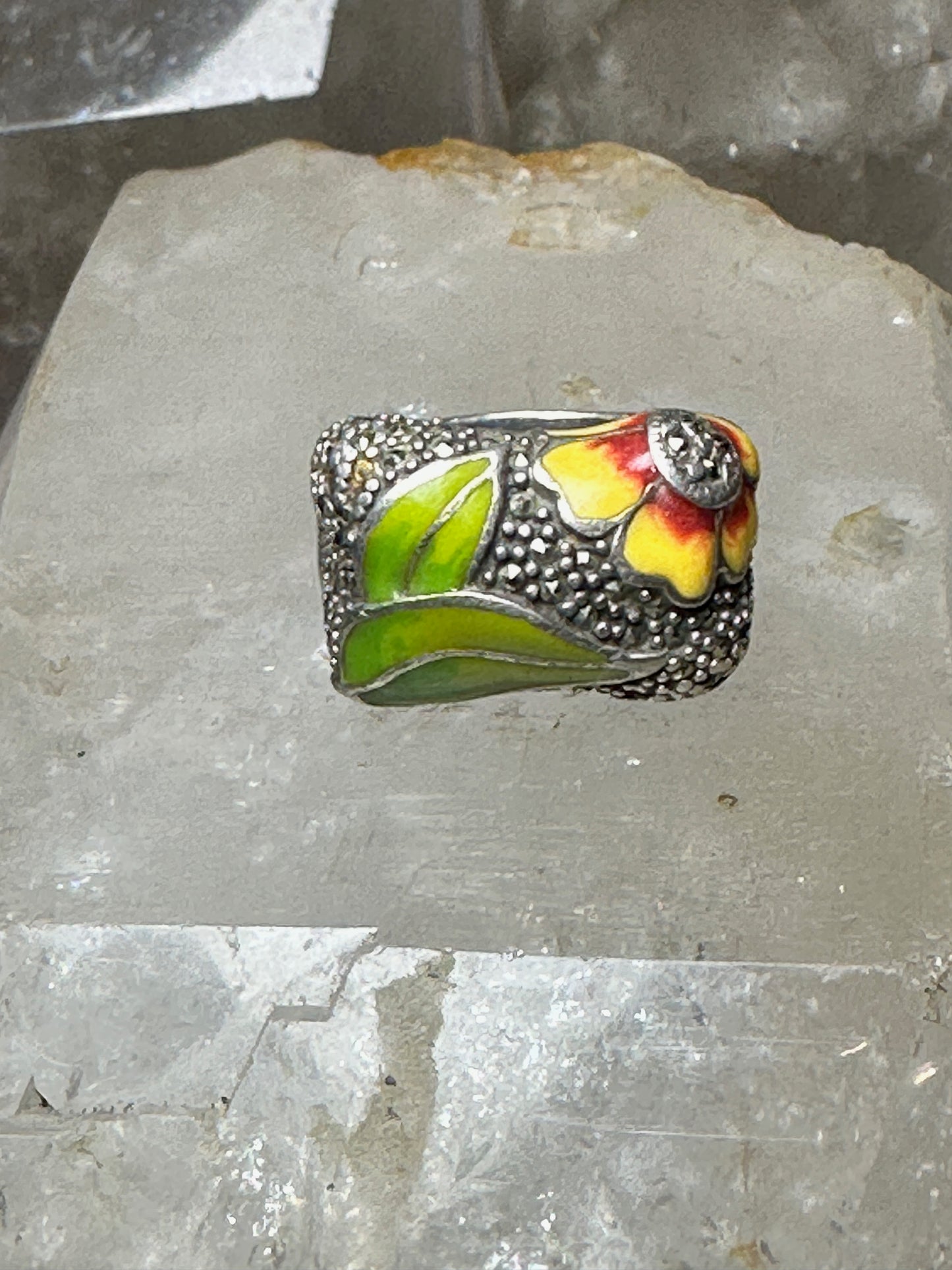 Flower ring size 8.75 floral marcasites  band sterling silver  women