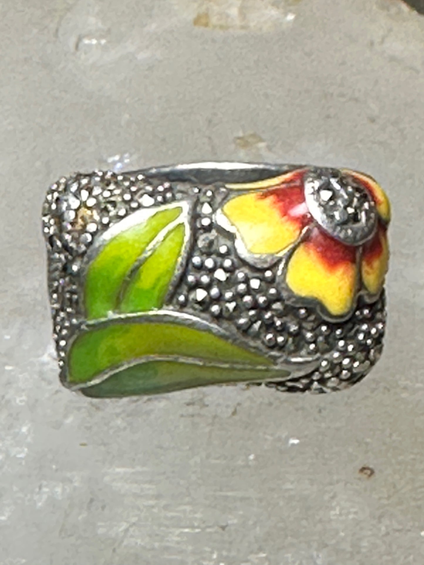 Flower ring size 8.75 floral marcasites  band sterling silver  women