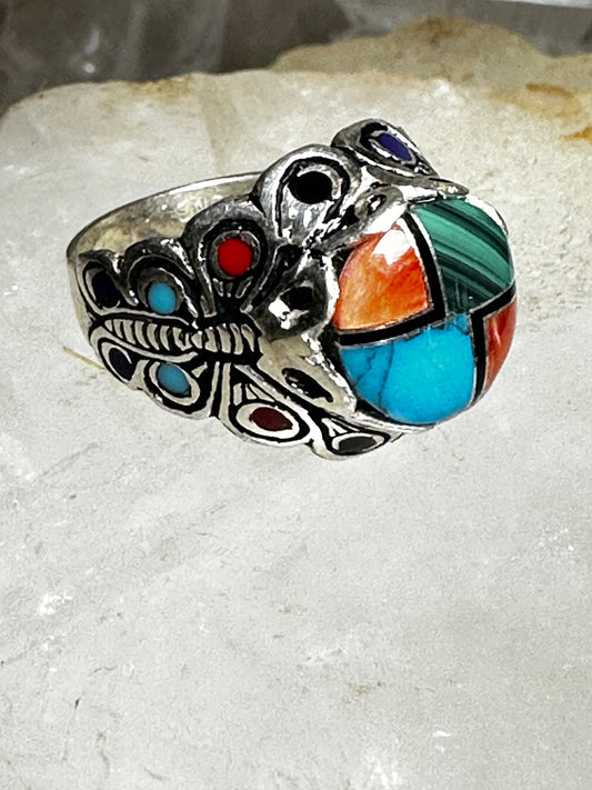 Butterfly ring size 5.50 southwest turquoise malachite spiny oyster  sterling silver