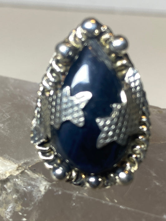 Teardrop ring deep dark blue perhaps a cats eye type stone boho sterling silver