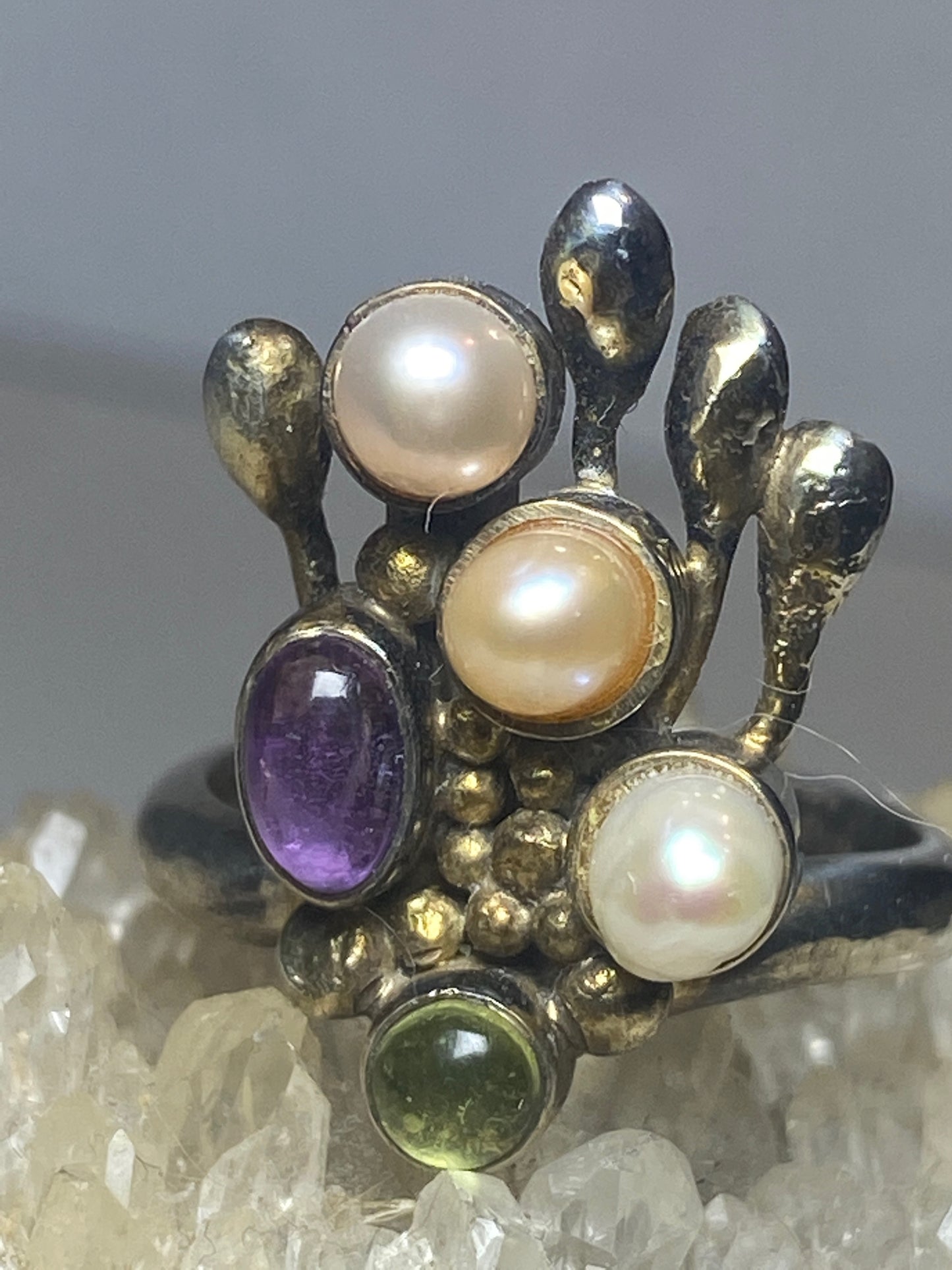 Pearl ring floral boho sterling silver