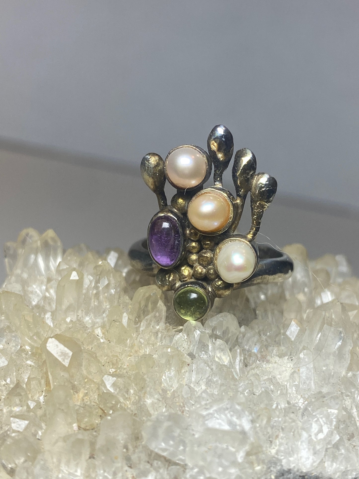 Pearl ring floral boho sterling silver