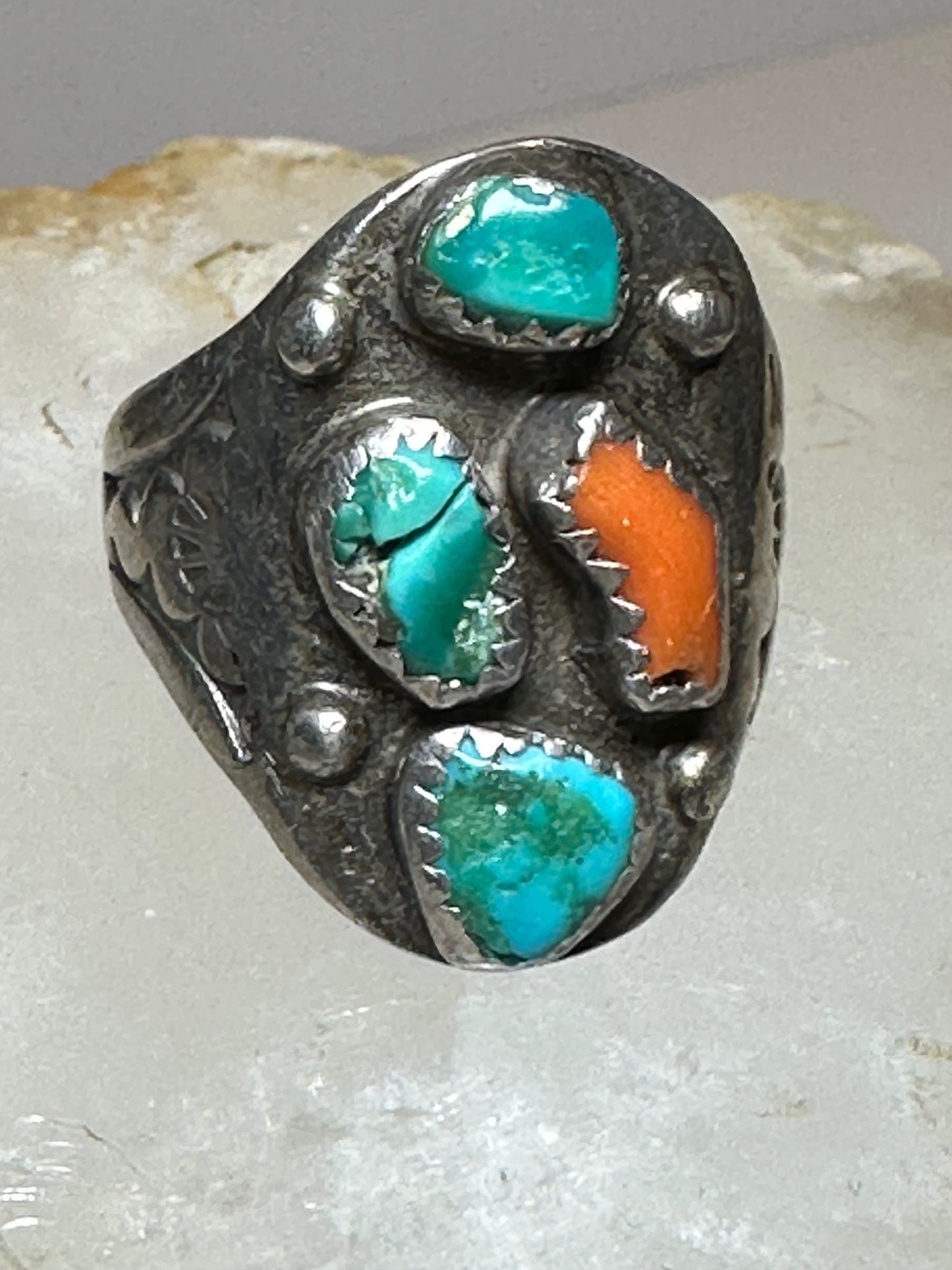 Navajo ring size 9.25 turquoise coral  sterling silver women men