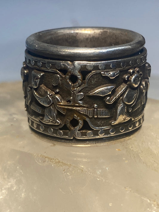 Huge ring Asian figurative spinner band sterling silver women men signed