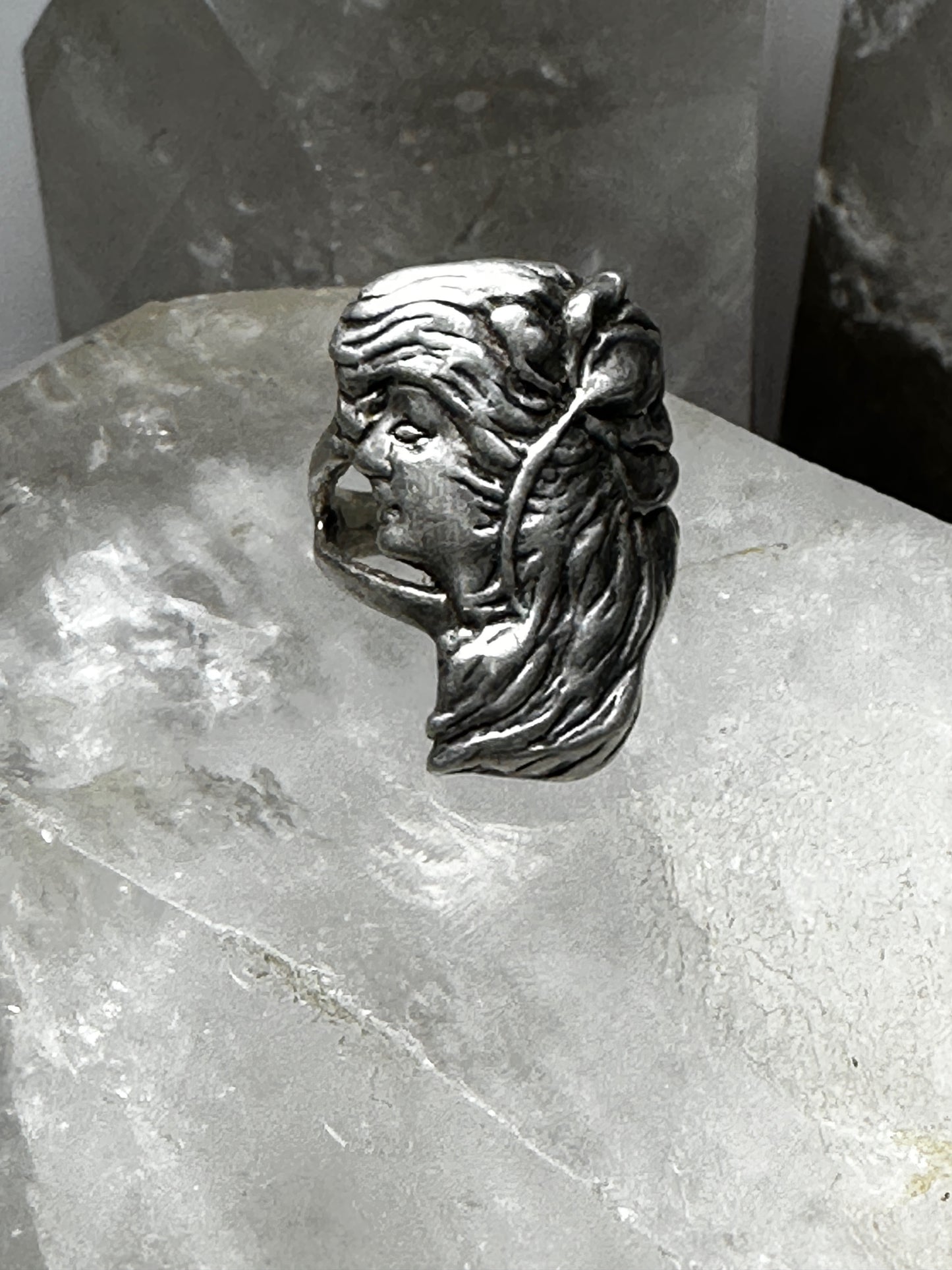 Lady Face ring with flower Art Deco style size 6  sterling silver women girls