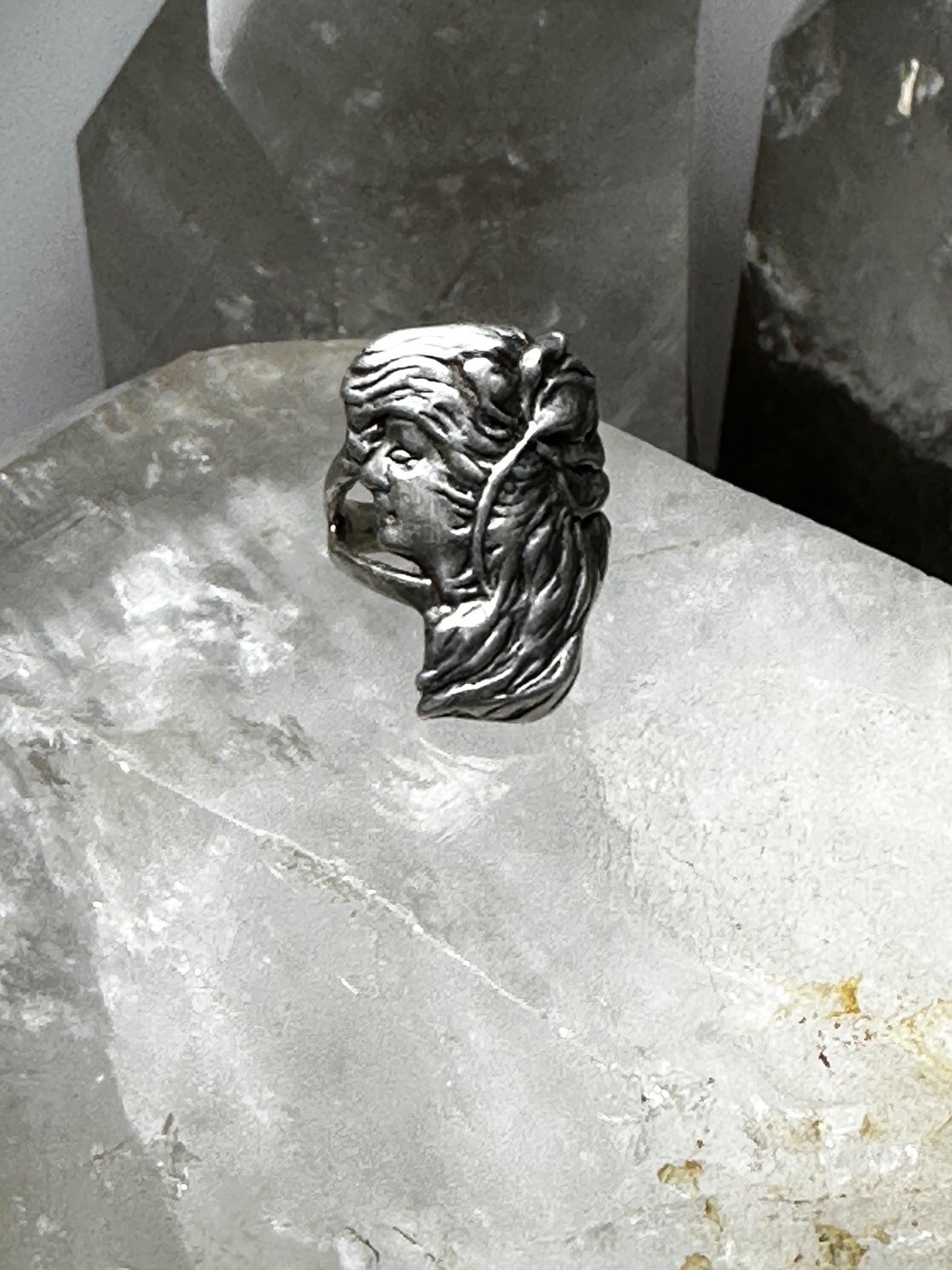 Lady Face ring with flower Art Deco style size 6  sterling silver women girls