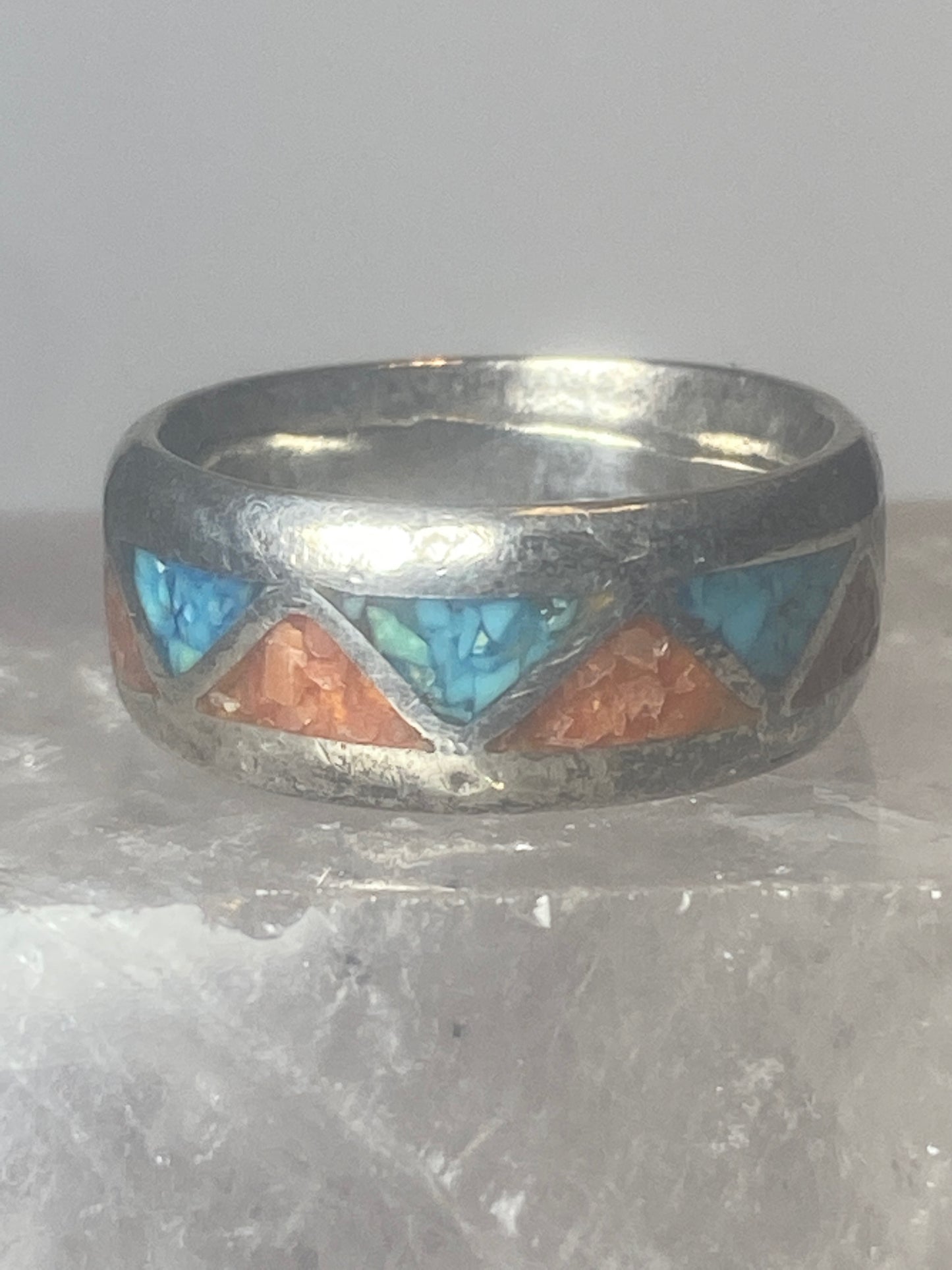 Turquoise chips ring coral chips southwest wedding Zuni  pinky sterling silver women girls