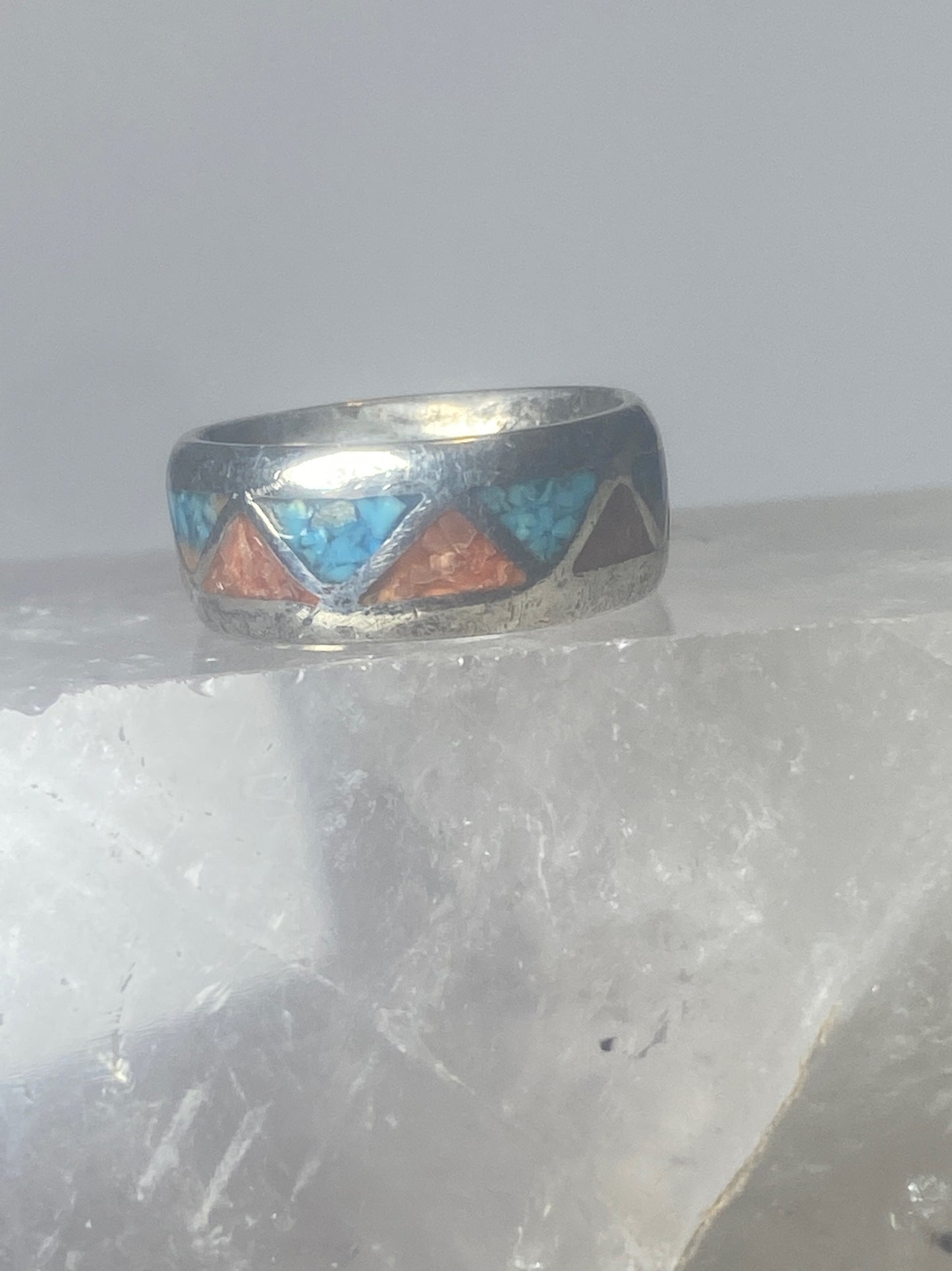 Turquoise chips ring coral chips southwest wedding Zuni  pinky sterling silver women girls