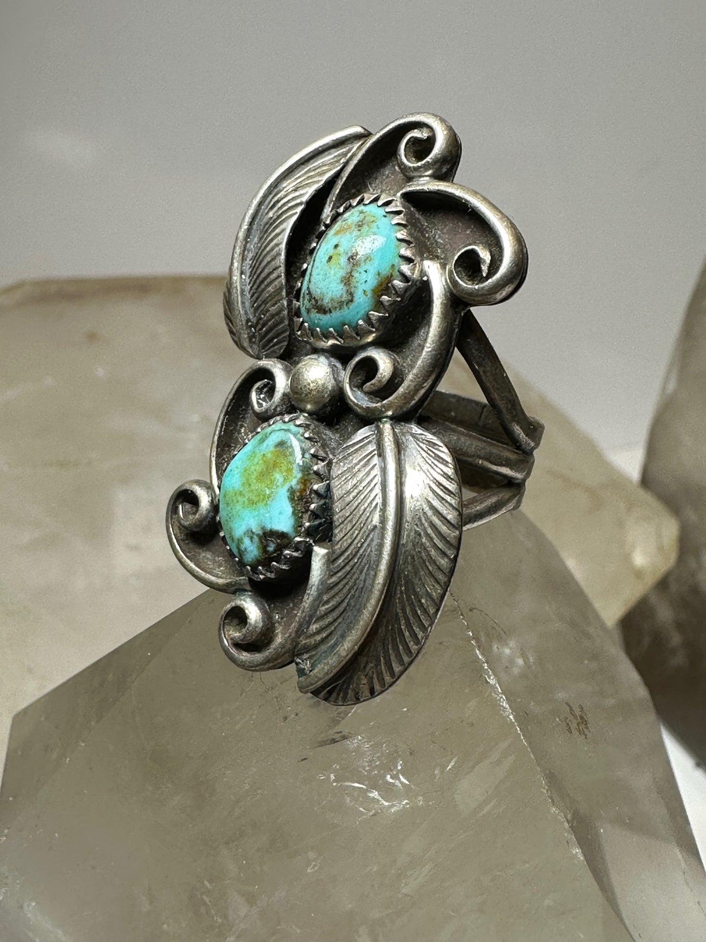 Turquoise ring size 5.75 long Navajo feathers southwest sterling silver women