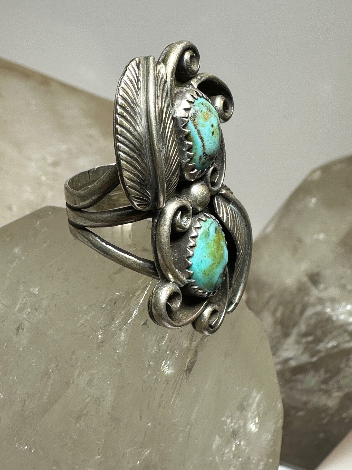 Turquoise ring size 5.75 long Navajo feathers southwest sterling silver women