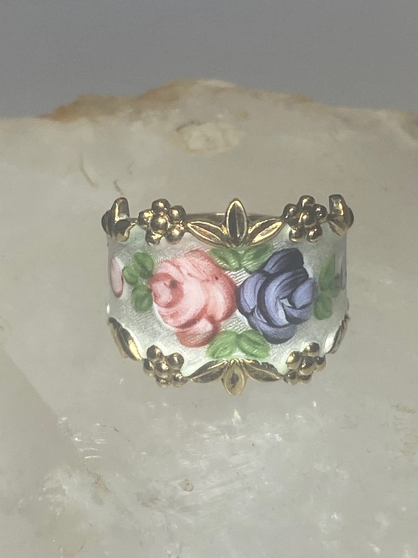 Guilloche ring floral rose  band sterling silver women girls