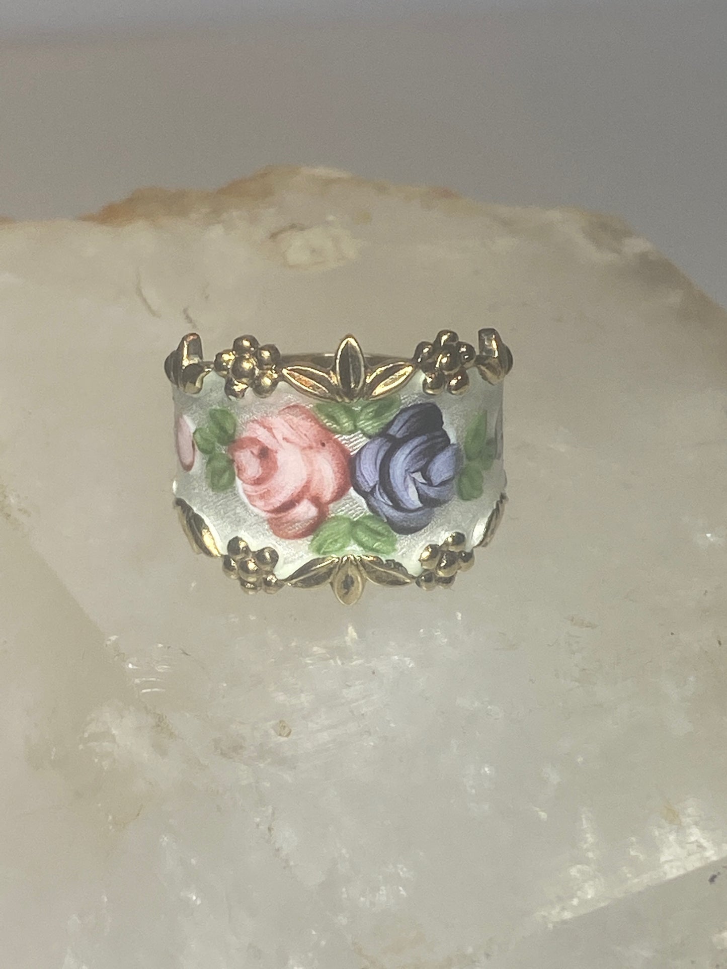 Guilloche ring floral rose  band sterling silver women girls