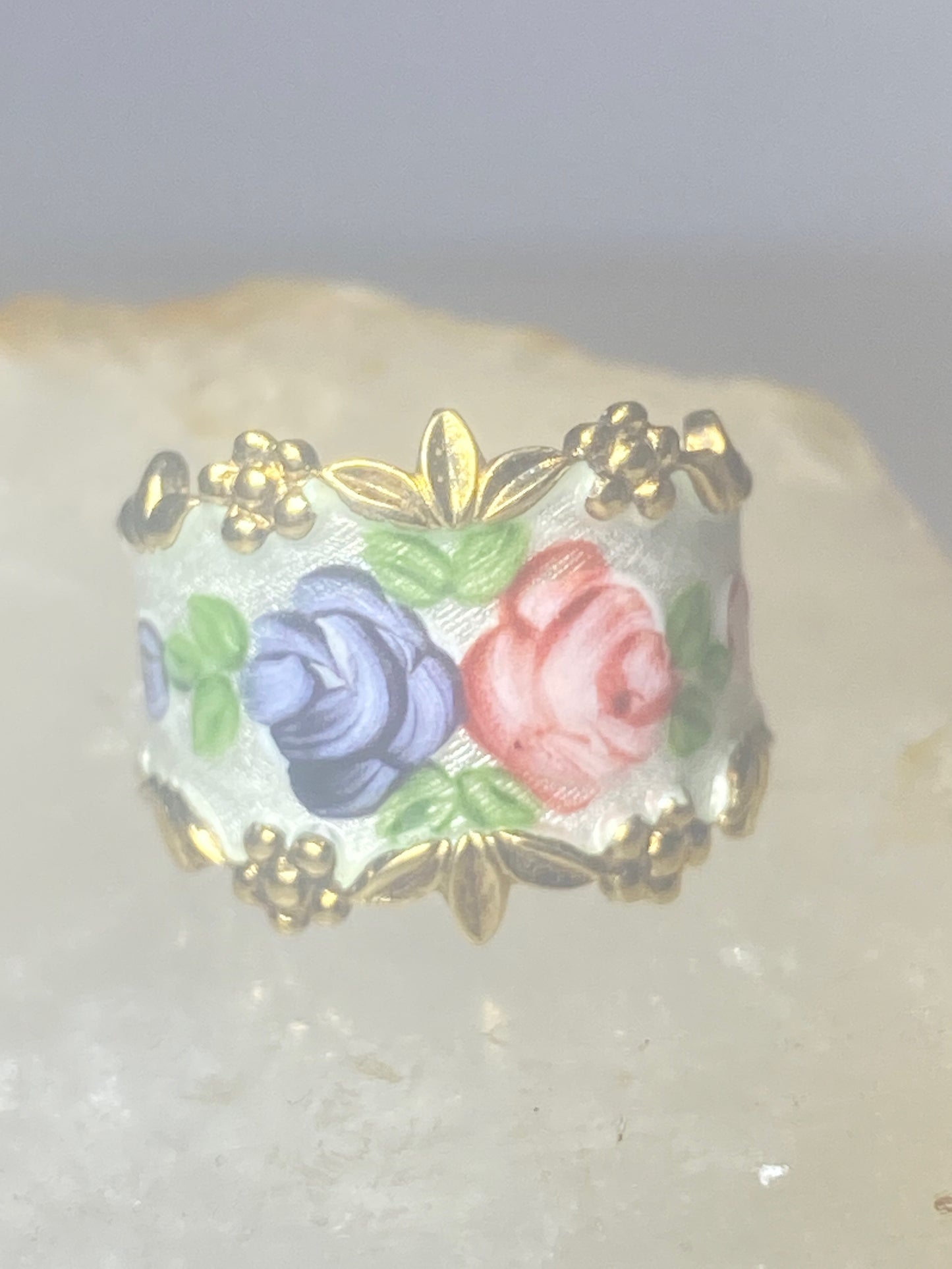 Guilloche ring floral rose  band sterling silver women girls