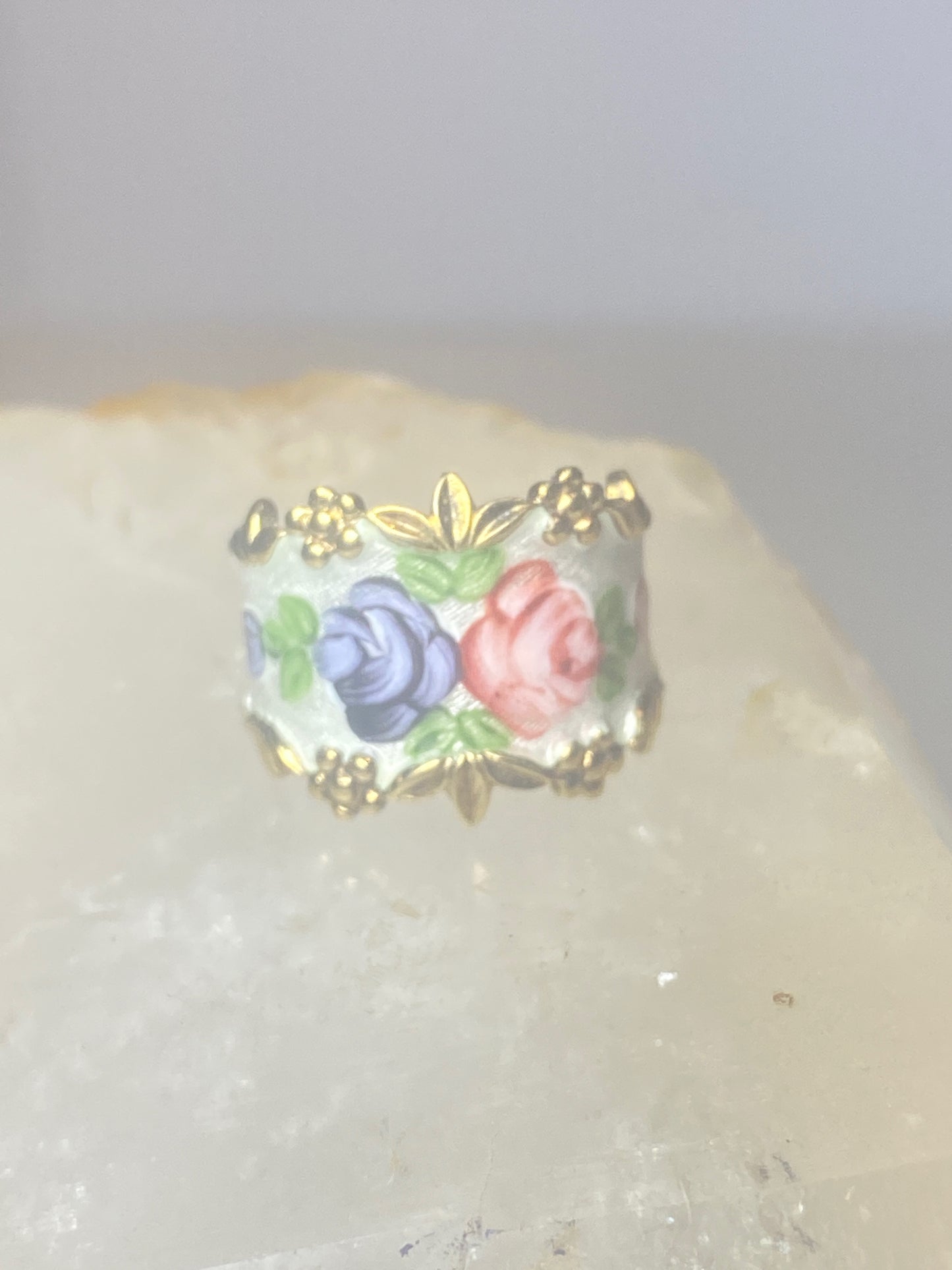 Guilloche ring floral rose  band sterling silver women girls