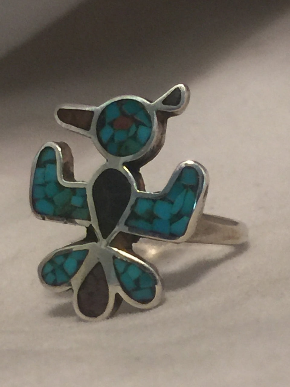 Vintage Sterling Silver Southwest Tribal Turquoise & Coral Chip Bird Ring Size 6.5 4.1g