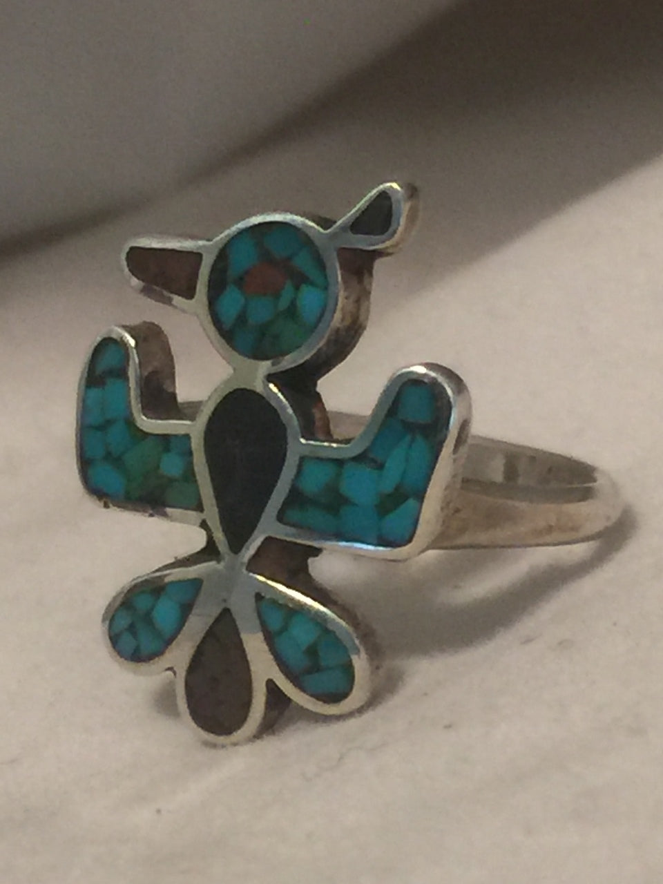 Vintage Sterling Silver Southwest Tribal Turquoise & Coral Chip Bird Ring Size 6.5 4.1g