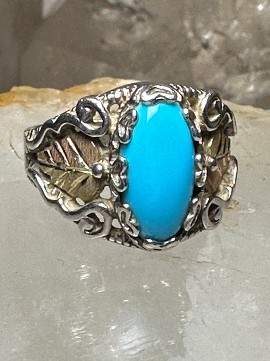 Black Hills Gold ring size 6.75 turquoise leaves band sterling silver women