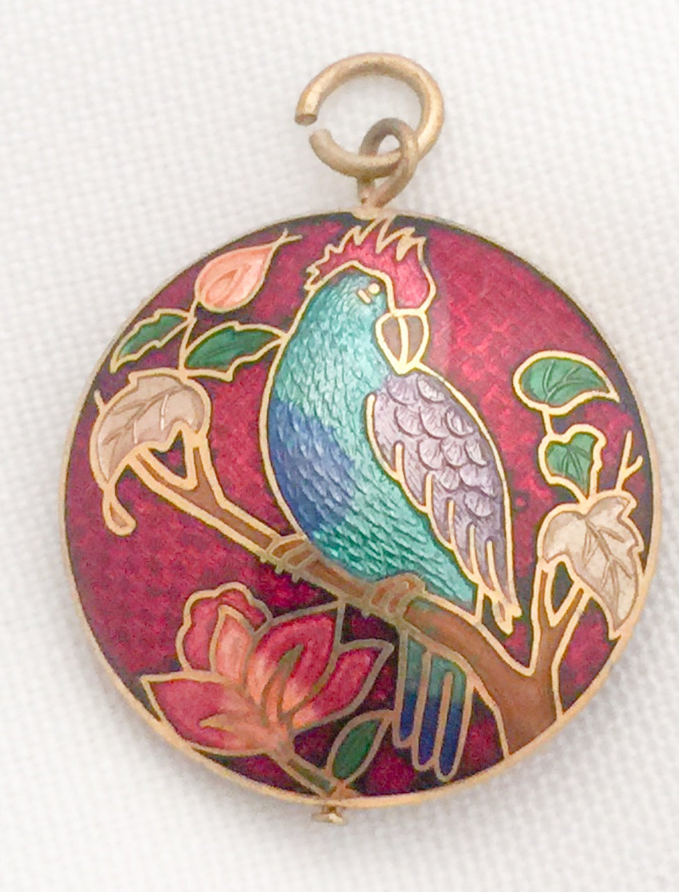 Parrot Cloisonne Pendant Circular Red Double Sided