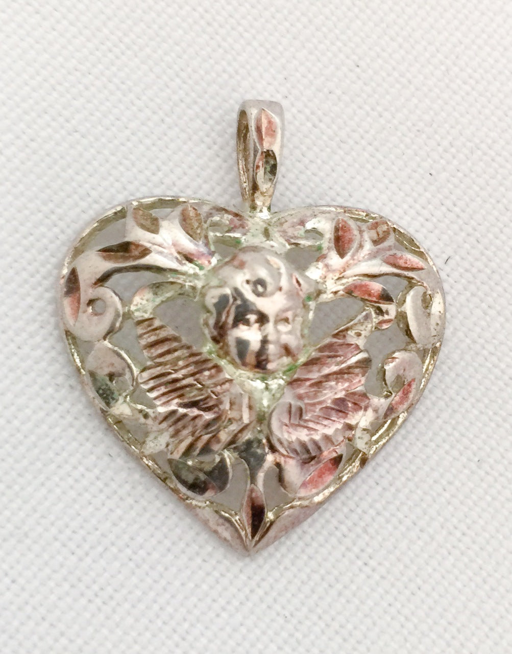 Sterling Silver Vintage Heart w Angel and Wings Filigree Design Charm or Pendant