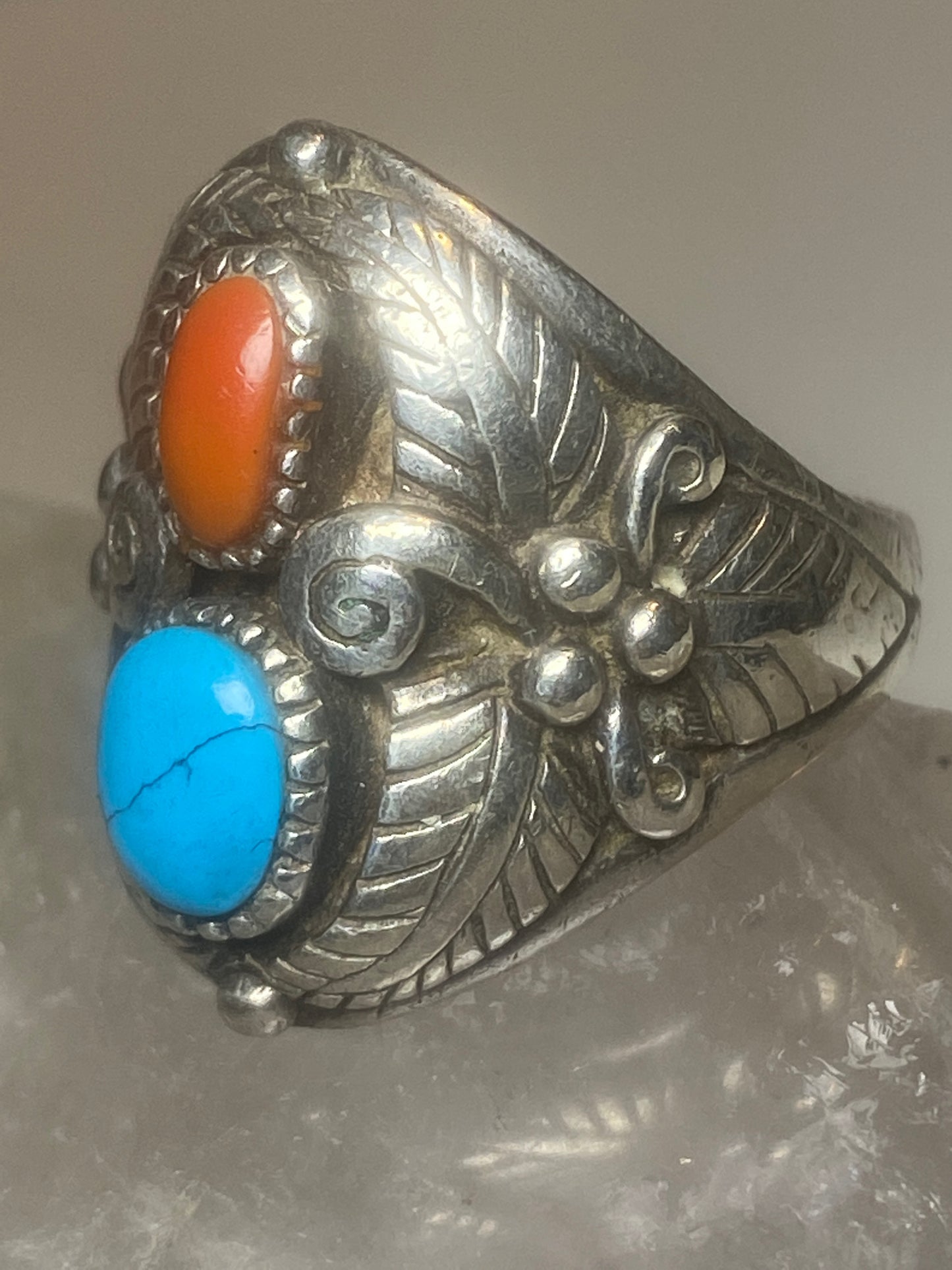 Turquoise ring Navajo coral southwest sterling silver women men