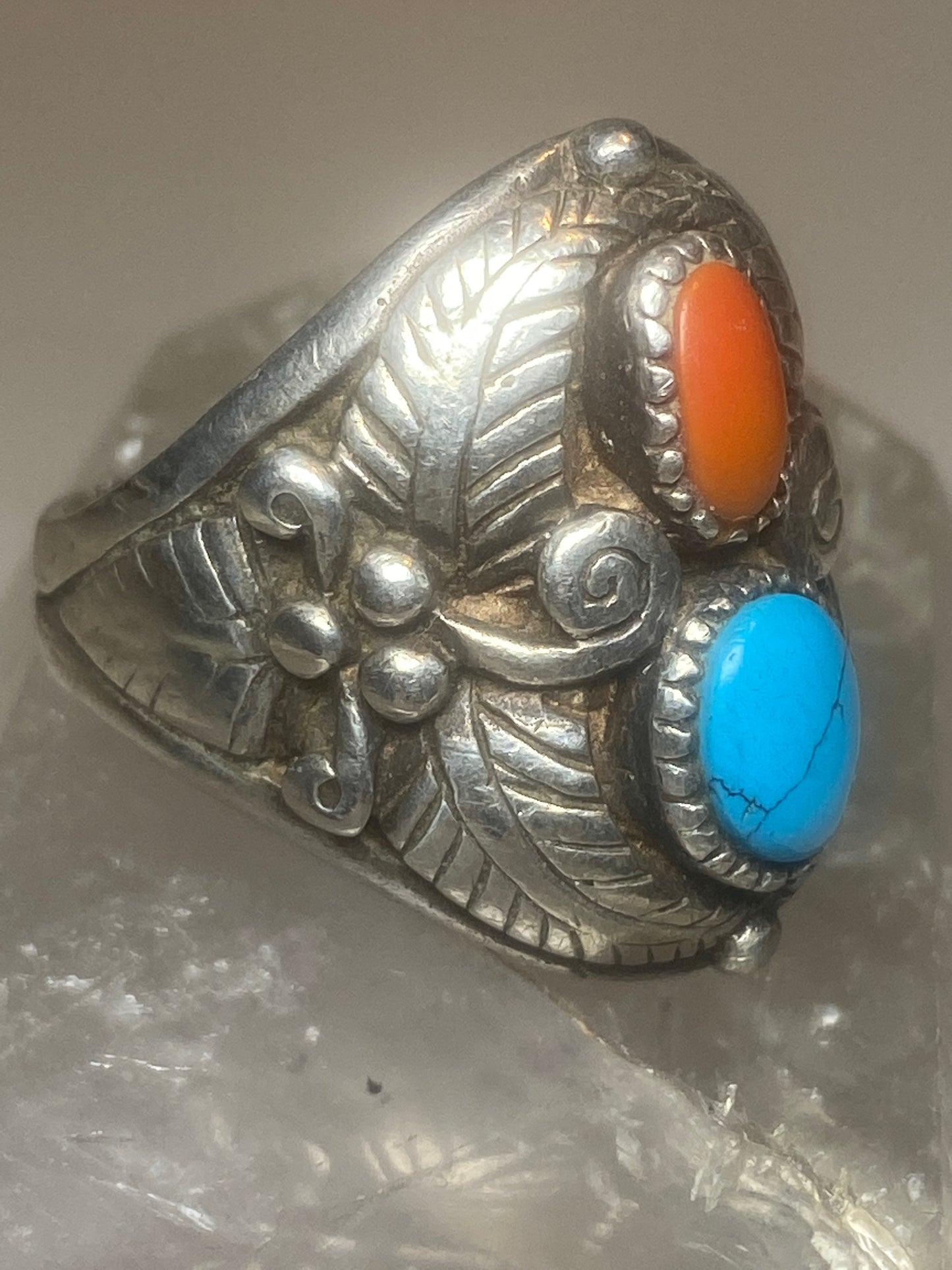 Turquoise ring Navajo coral southwest sterling silver women men