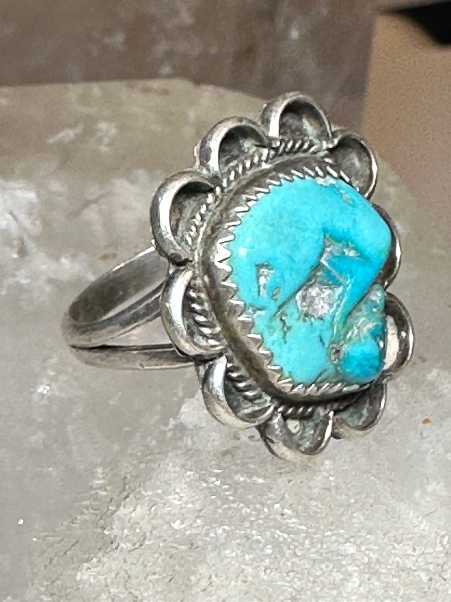 Turquoise ring size 6 Navajo flower  sterling silver women