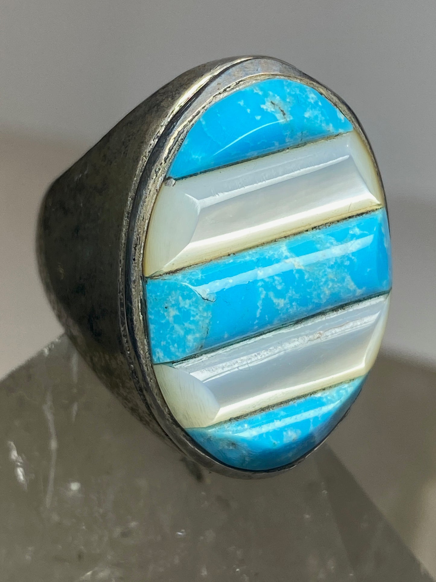Turquoise ring mother of pearl cobblestone southwest  sterling silver women men