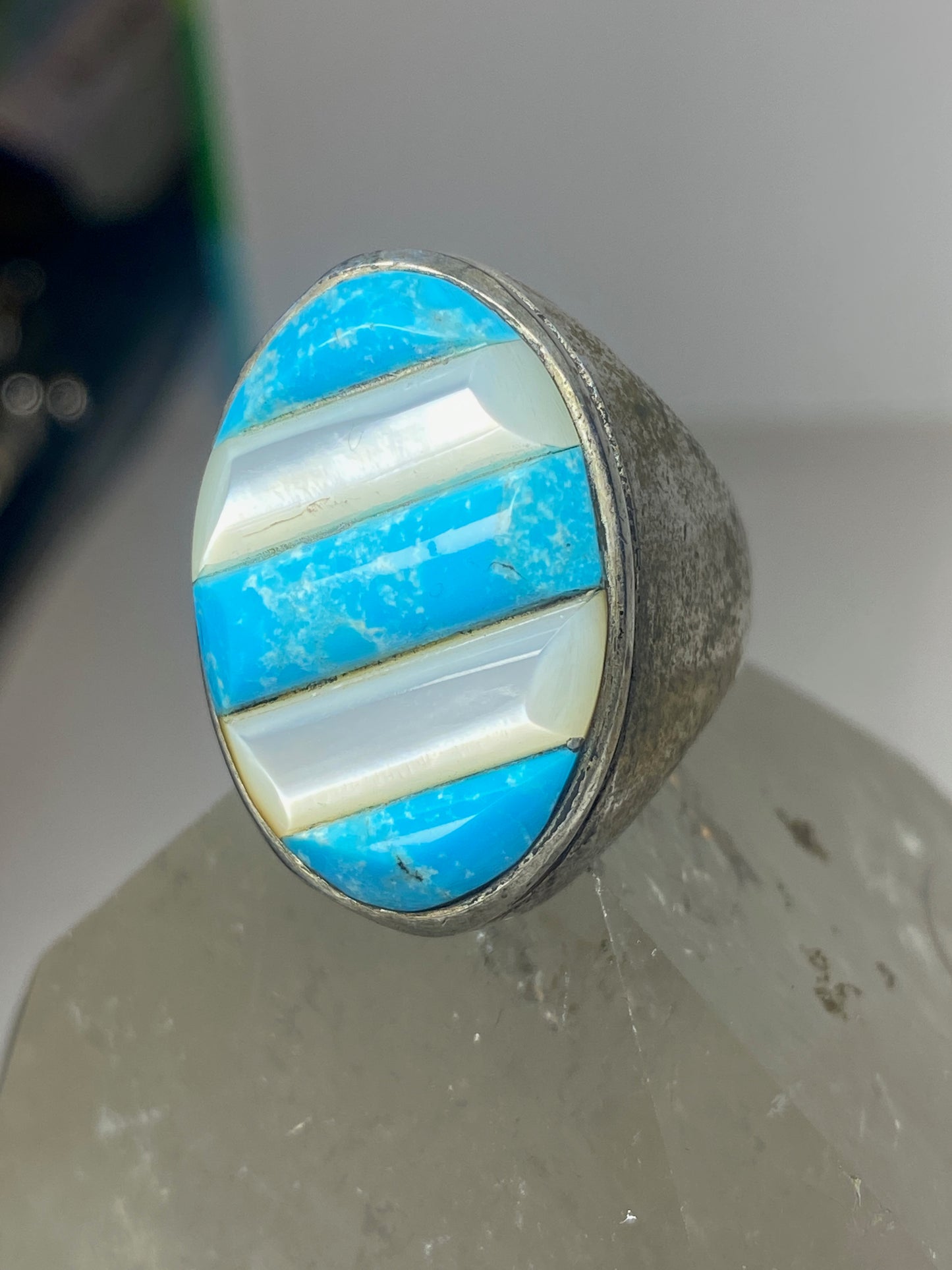 Turquoise ring mother of pearl cobblestone southwest  sterling silver women men