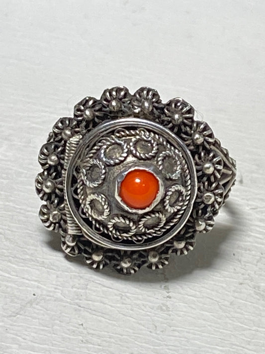 Poison ring filigree vintage coral beaded silver women girls
