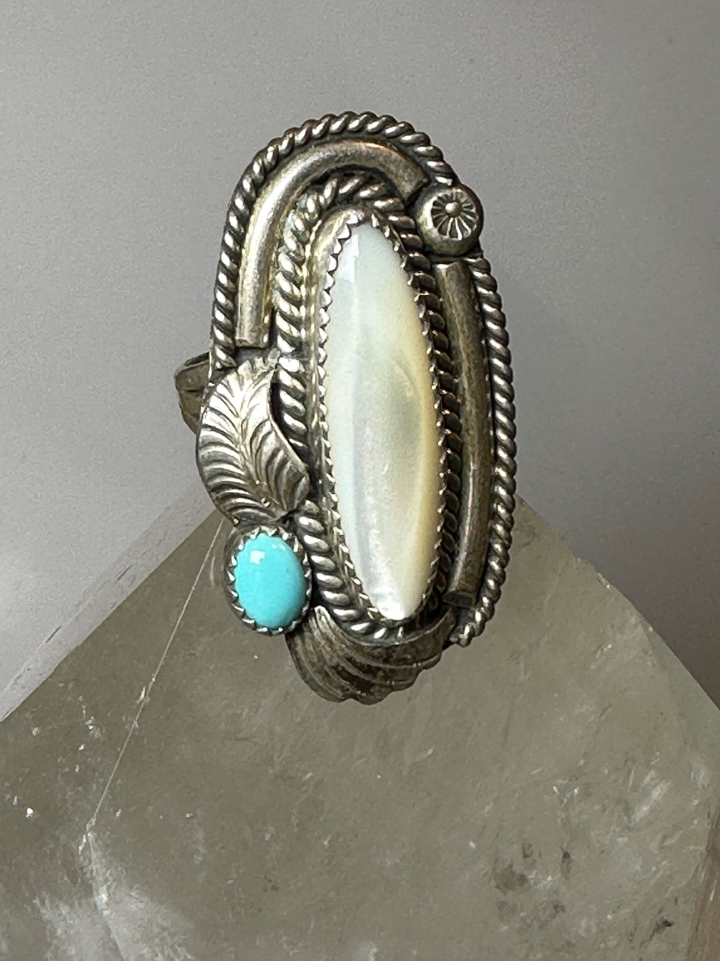 Mother of pearl long ring turquoise size 8 Navajo sterling silver women