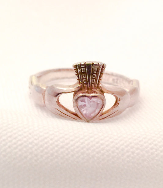 Vintage Claddagh Sterling Silver Ring with Clear Crystal Size 6 1/2