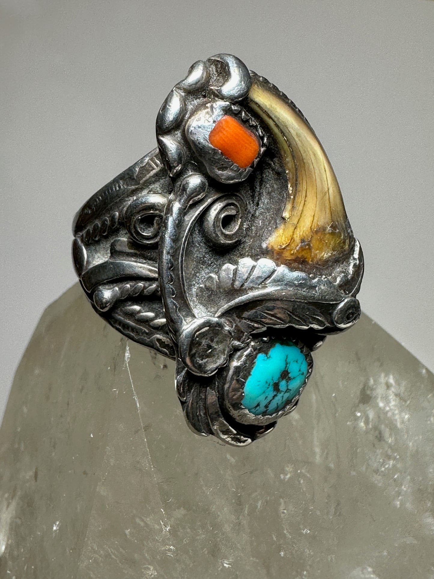 Turquoise ring Navajo coral size 10.75 sterling silver women men