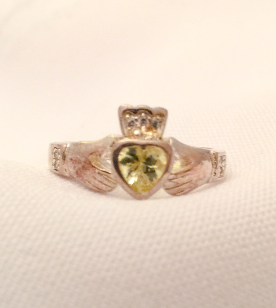 Vintage Claddagh Sterling Silver Ring with Pale Green Stone Size 5.75