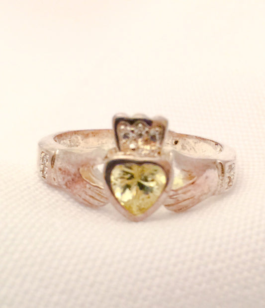 Vintage Claddagh Sterling Silver Ring with Pale Green Stone Size 5.75