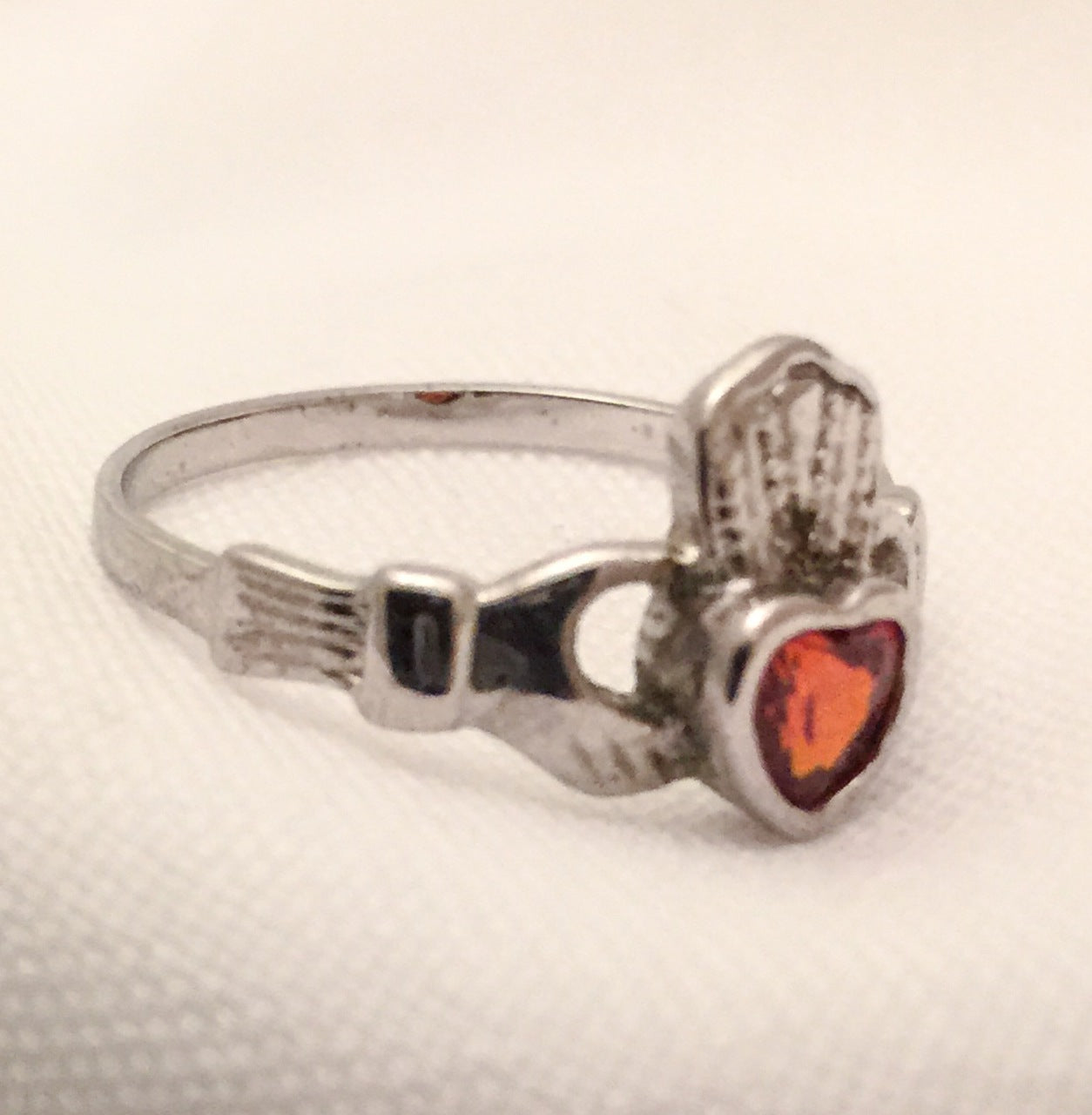 Vintage Claddagh Sterling Silver Ring with Red Stone Size 9