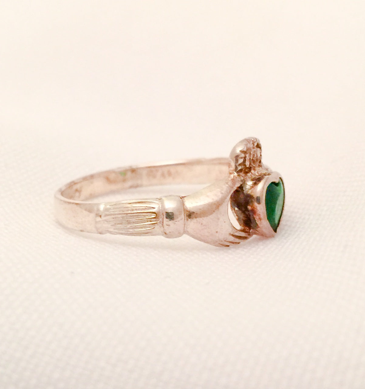 Vintage Claddagh Sterling Silver Ring with Green Stone Size 9
