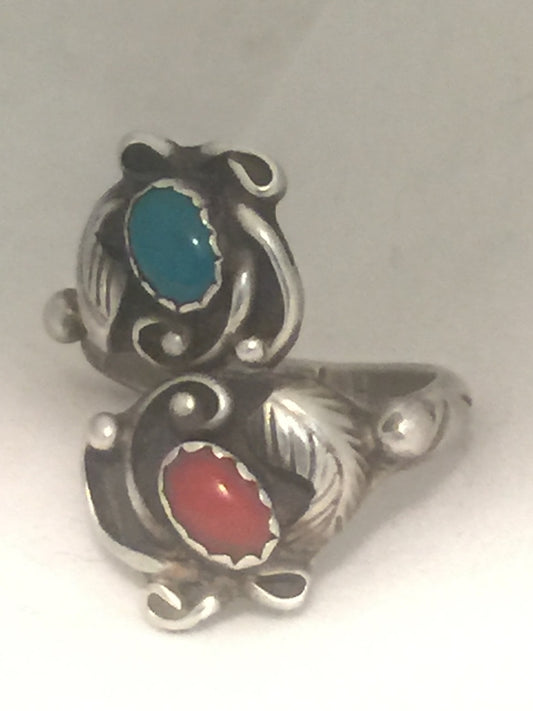 Vintage Sterling Silver Native American Navajo Turquoise & Coral Ring  Size 6