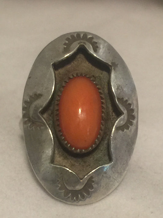 Vintage Sterling Silver Southwest Tribal Shadow Box Coral Ring Size  6.75  5.7g