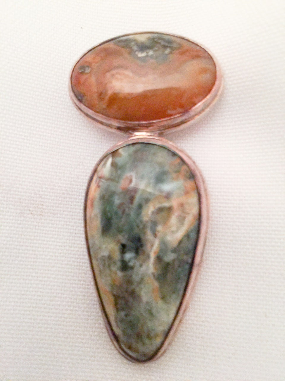 Long Agate Pendant set in Heavy Sterling Silver Green Brown Earth Tones