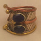 Vintage Sterling Silver ring w Detailing in Copper & Brass Overlay Deep Blue Sapphire Colored Stones   Size 6.5 Weight  5.9g