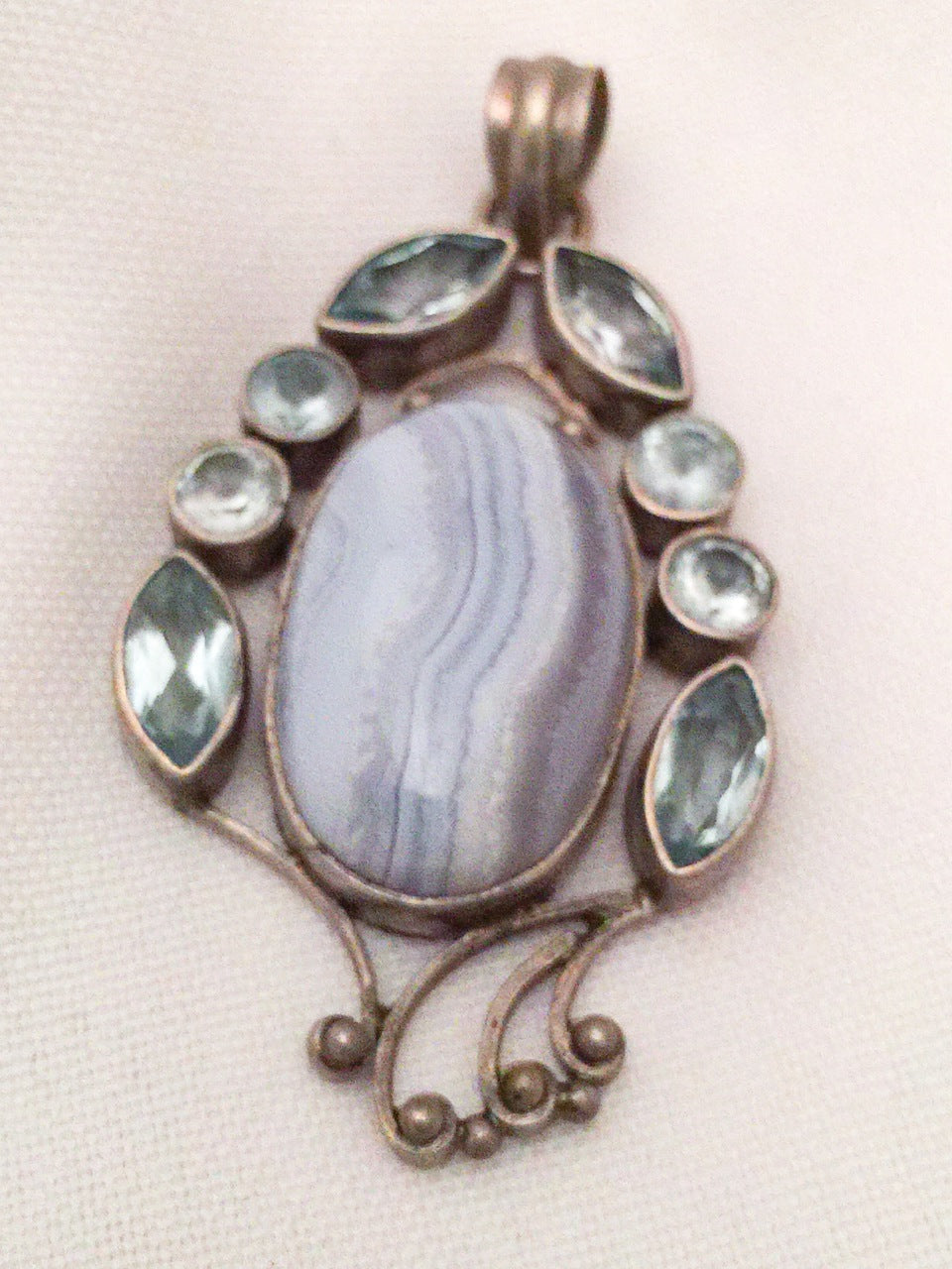 Blue Lace Agate Pendant w Pale Blue Stones in Sterling Silver