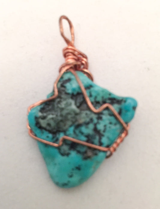 Sleeping Beauty Turquoise Pendant w Copper Wire Wrapped
