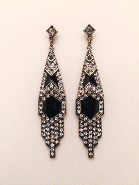 Vintage Pierced Post Earrings Long Art Deco Style Black with Clear Stones