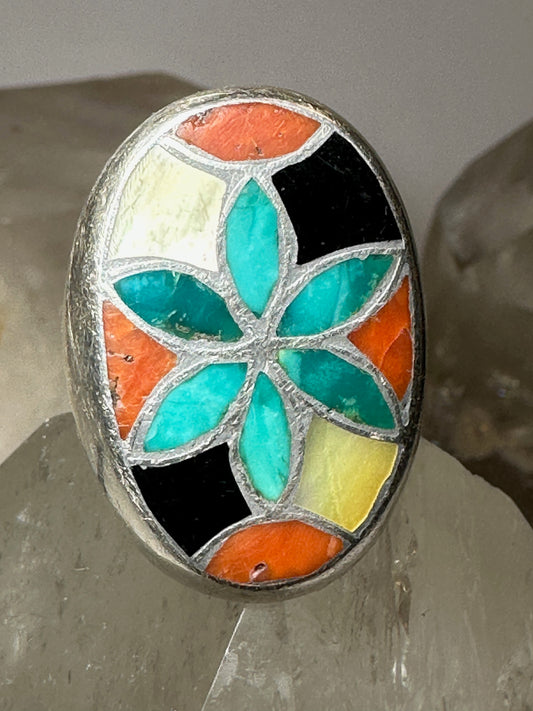 Turquoise ring size 11 Zuni  onyx coral inlay floral sterling silver sterling women men