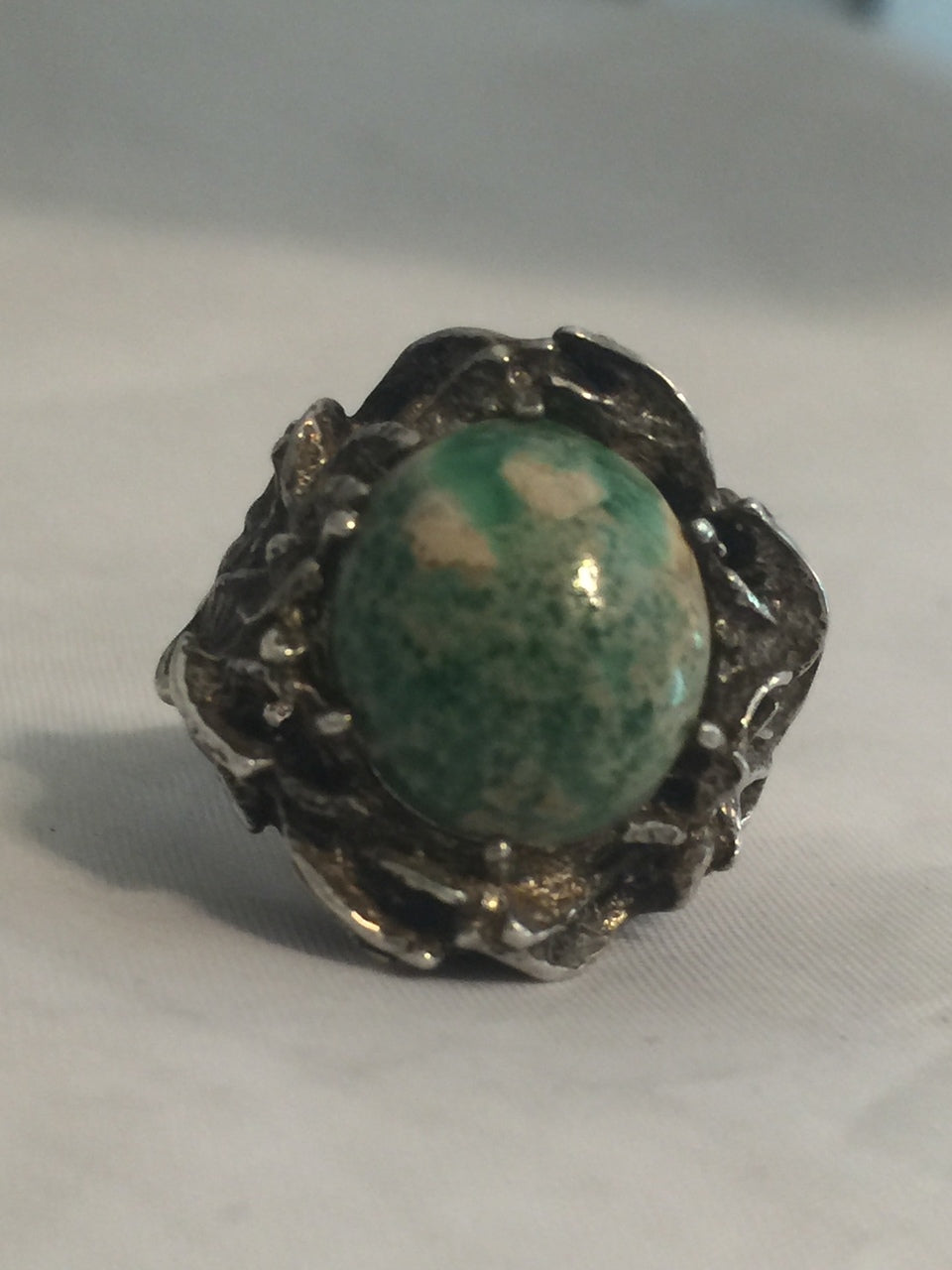 Vintage Sterling Silver Green Stone Ring  Art & Craft Movement  Size 7  8.2g